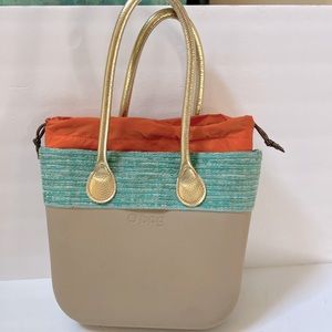 O bag Italian Tote Bag Tan/Aqua with Orange Drawstring Closure-Gold Handles